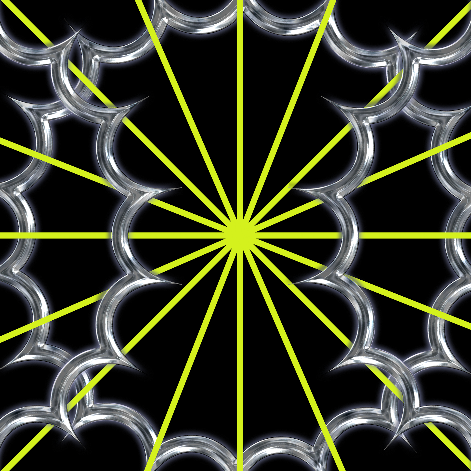 3D web and neon green starburst on a black background