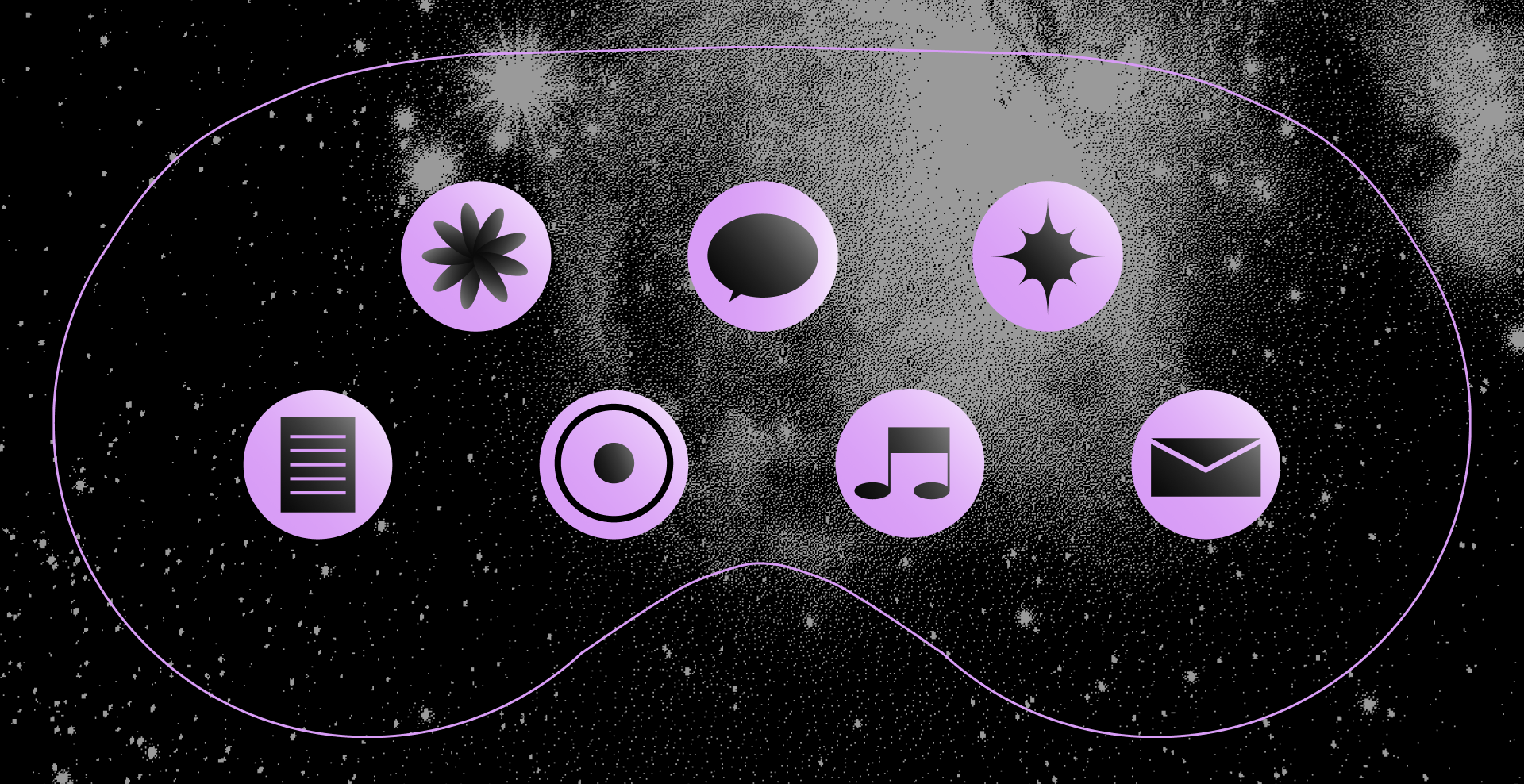 Seven purple app icons placed inside a silhouette of Apple Vision Pro goggles on a black constellation background