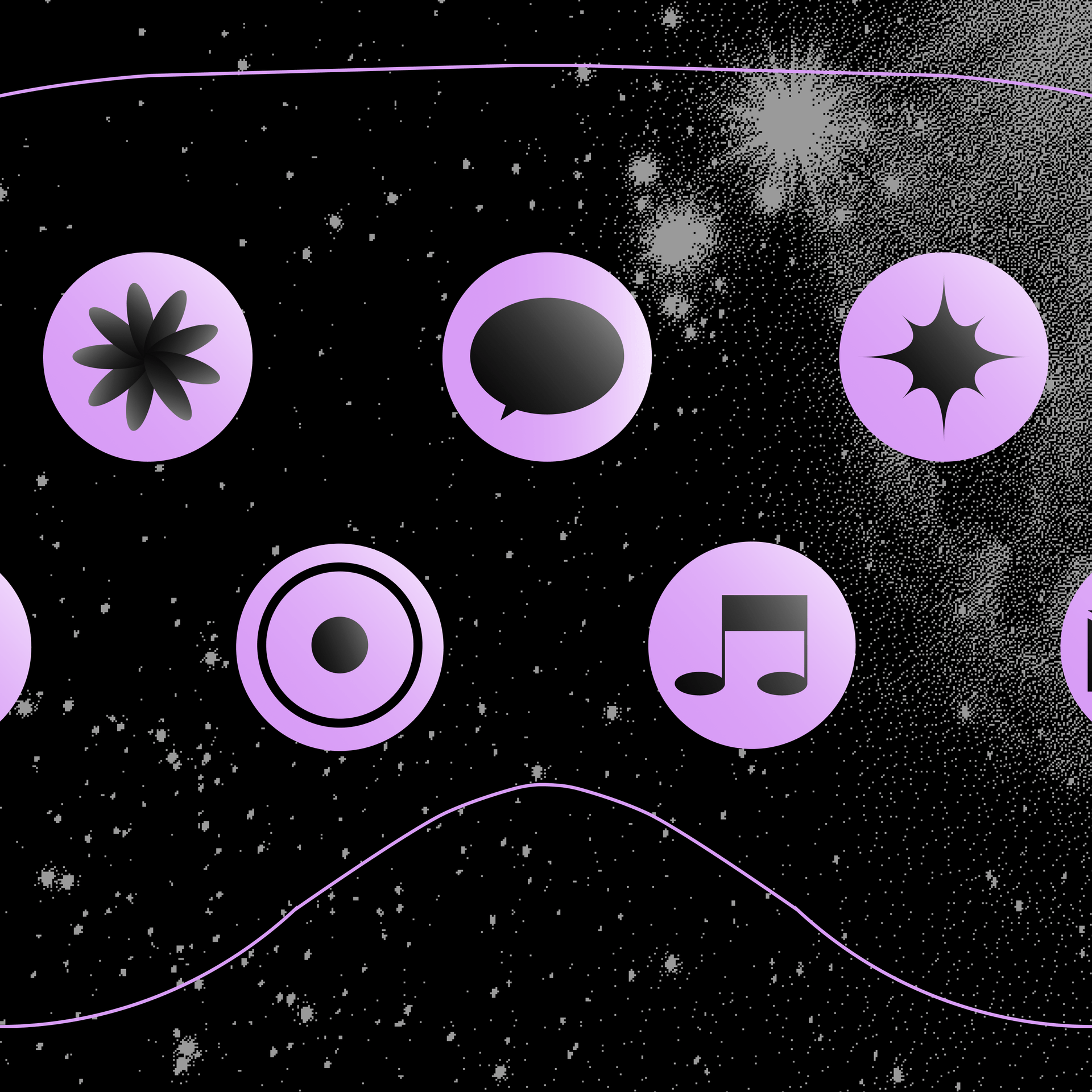 Seven purple app icons placed inside a silhouette of Apple Vision Pro goggles on a black constellation background