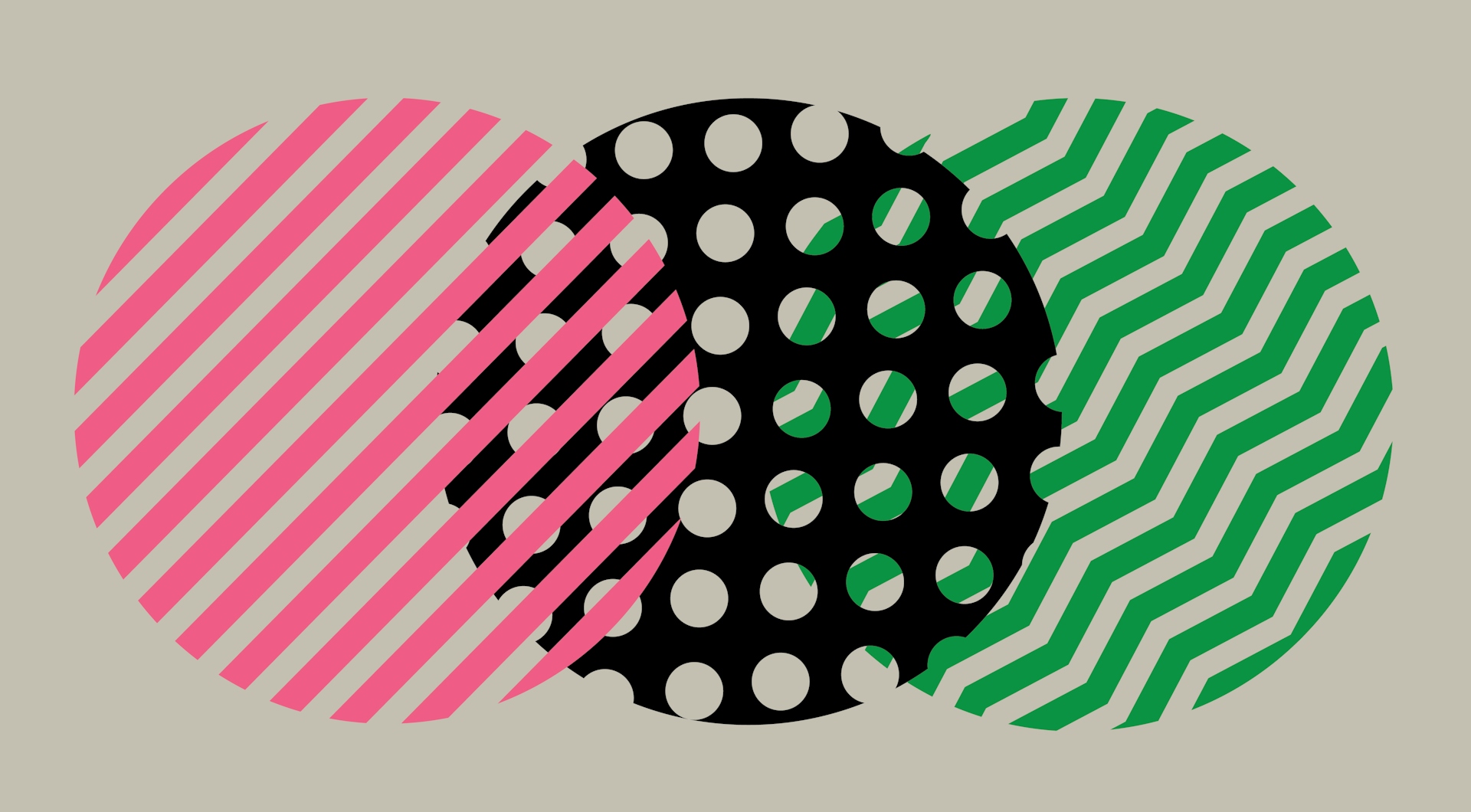 Pink, black, and green circles on a light background